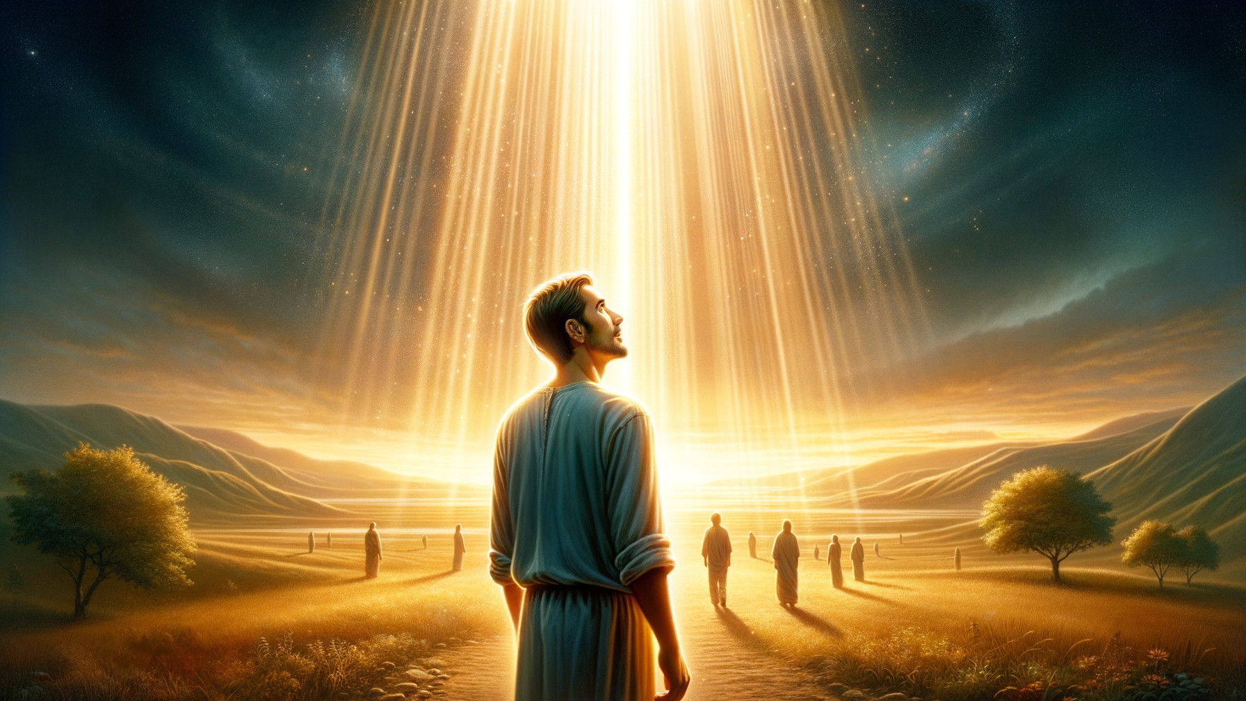 Serene Landscape with Golden Light and Silhouetted Figures