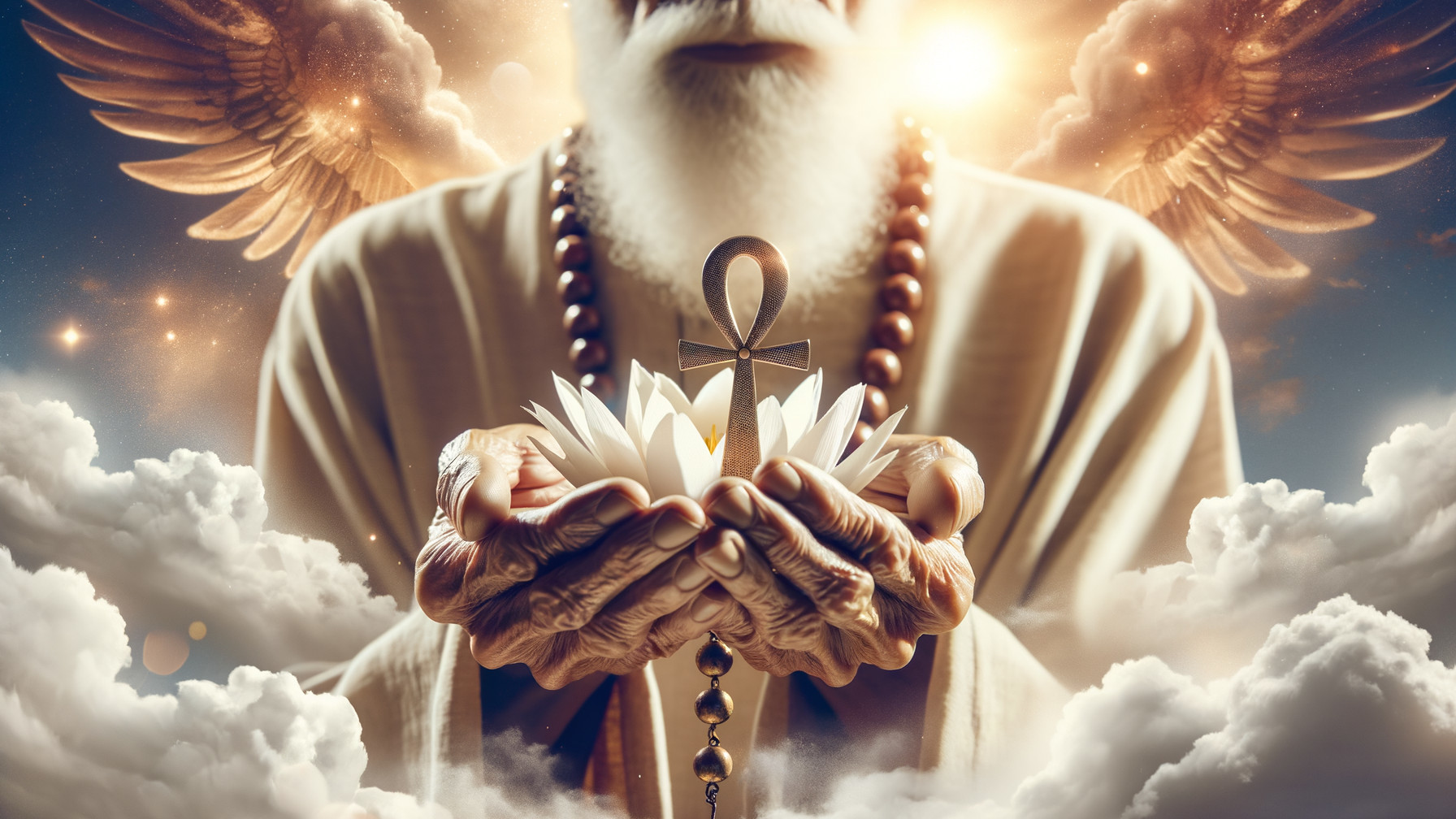 Elderly figure with ankh and lotus flowers in clouds