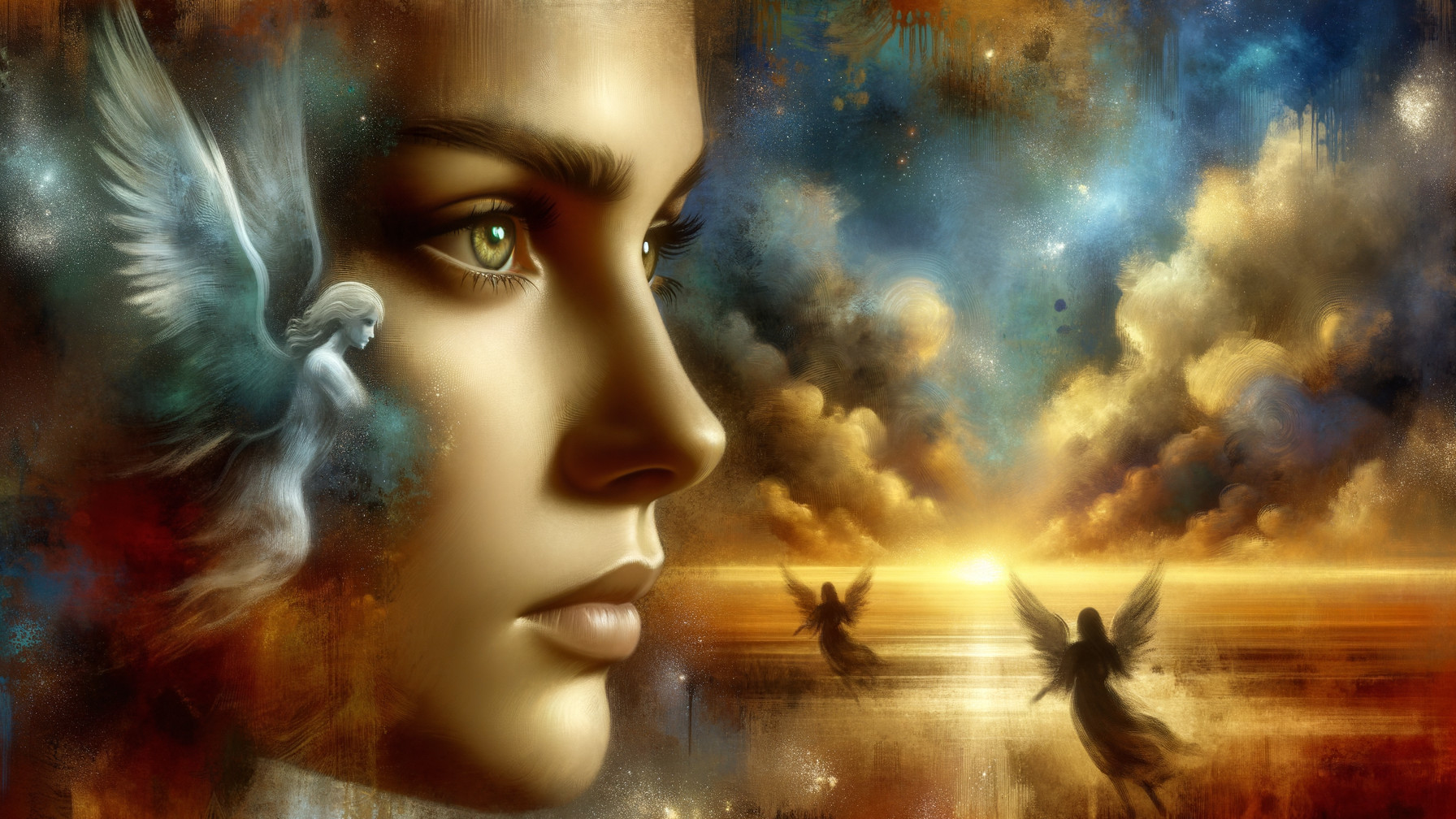 Serene Female Face with Ethereal Figures and Colorful Clouds
