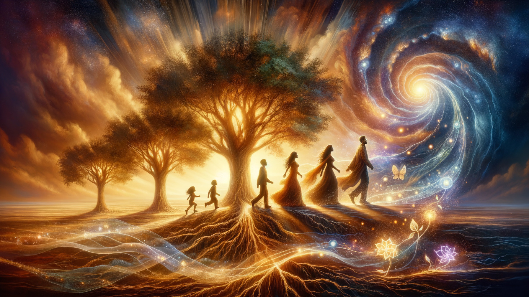 Surreal Landscape with Figures and Vibrant Nature Elements