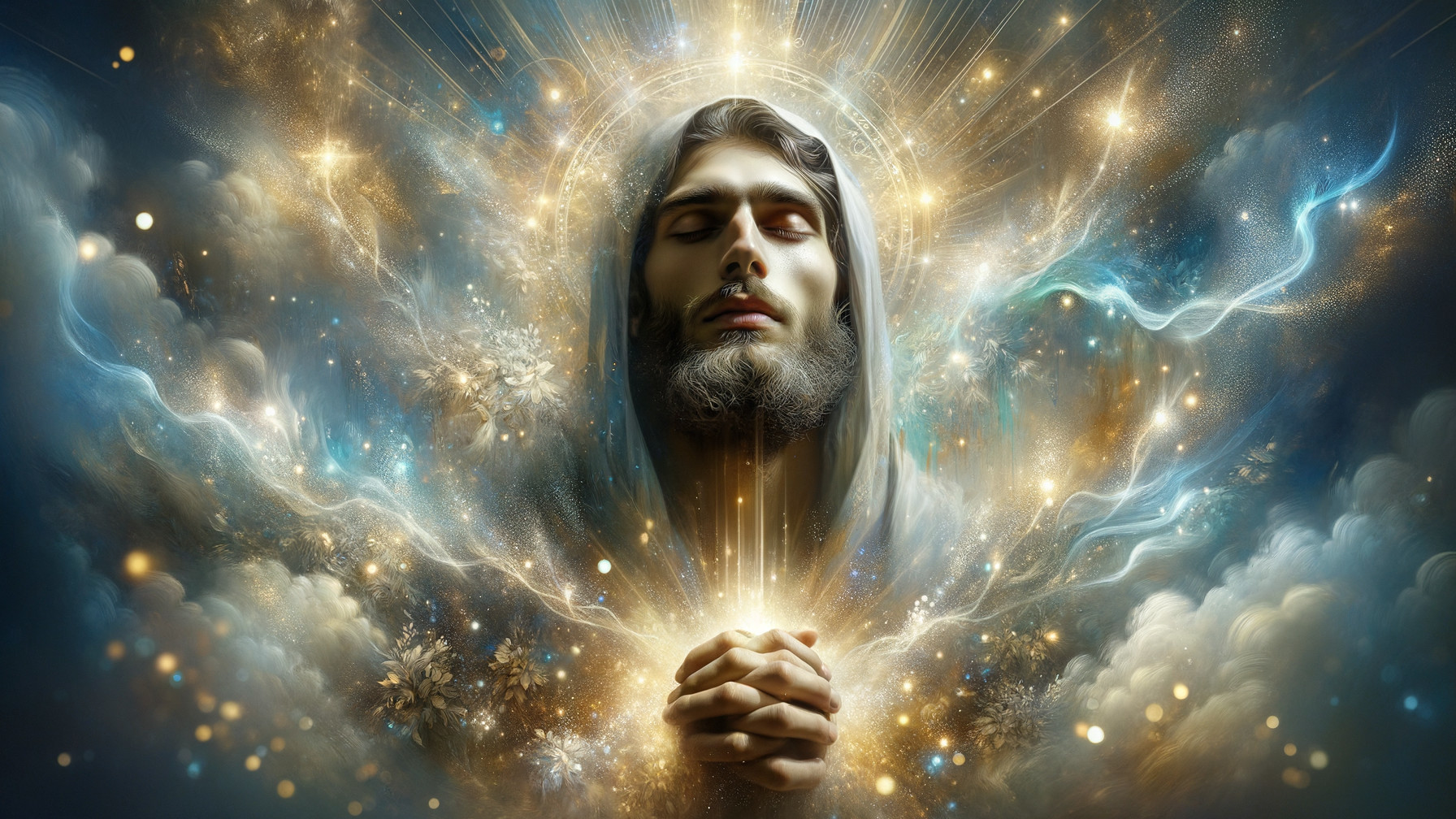 Serene Figure in Radiant Light and Mystical Background