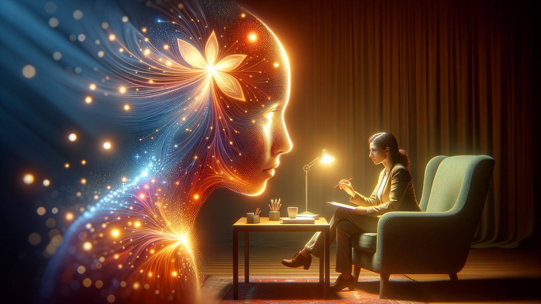 Woman in Thought with Ethereal Light Patterns