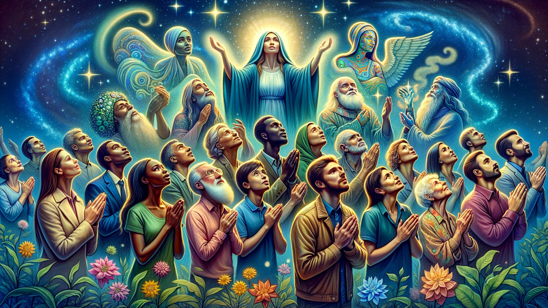 Group in Prayer Under Starry Sky with Celestial Being