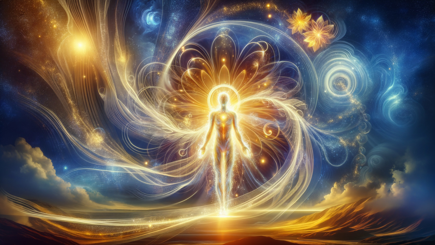 Ethereal Figure in Vibrant Cosmic Backdrop