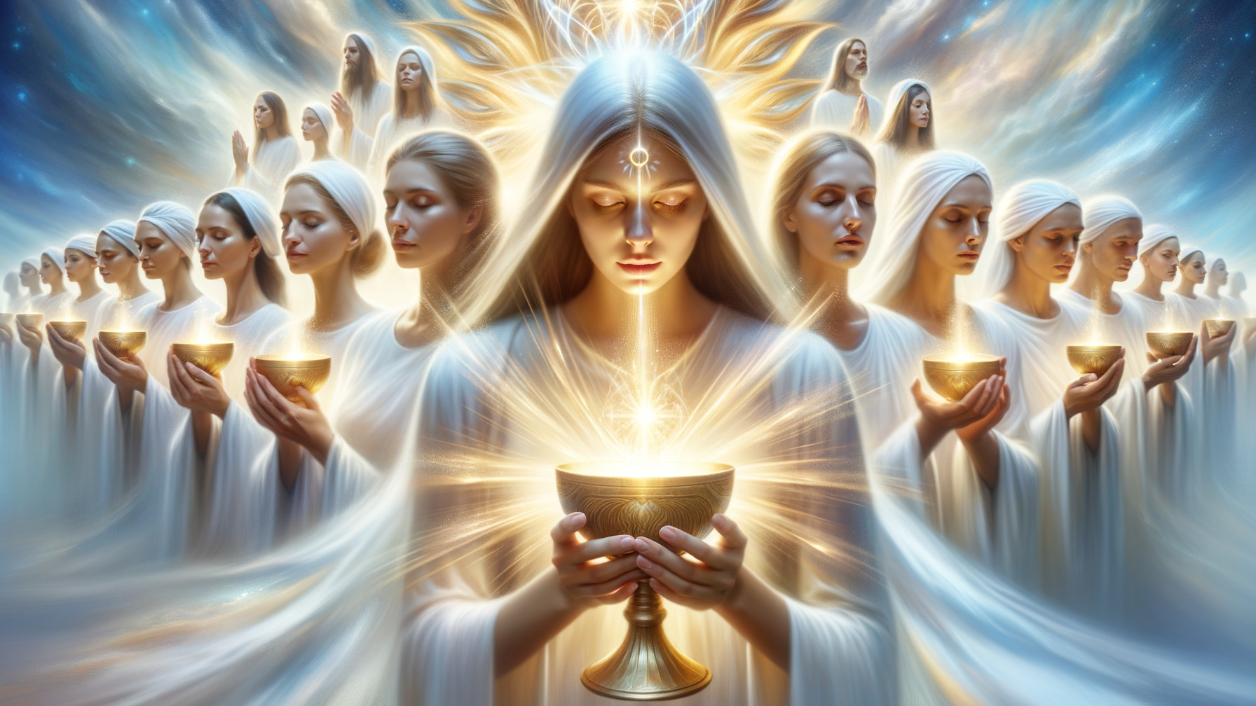 Ethereal figures in white garments with glowing chalice