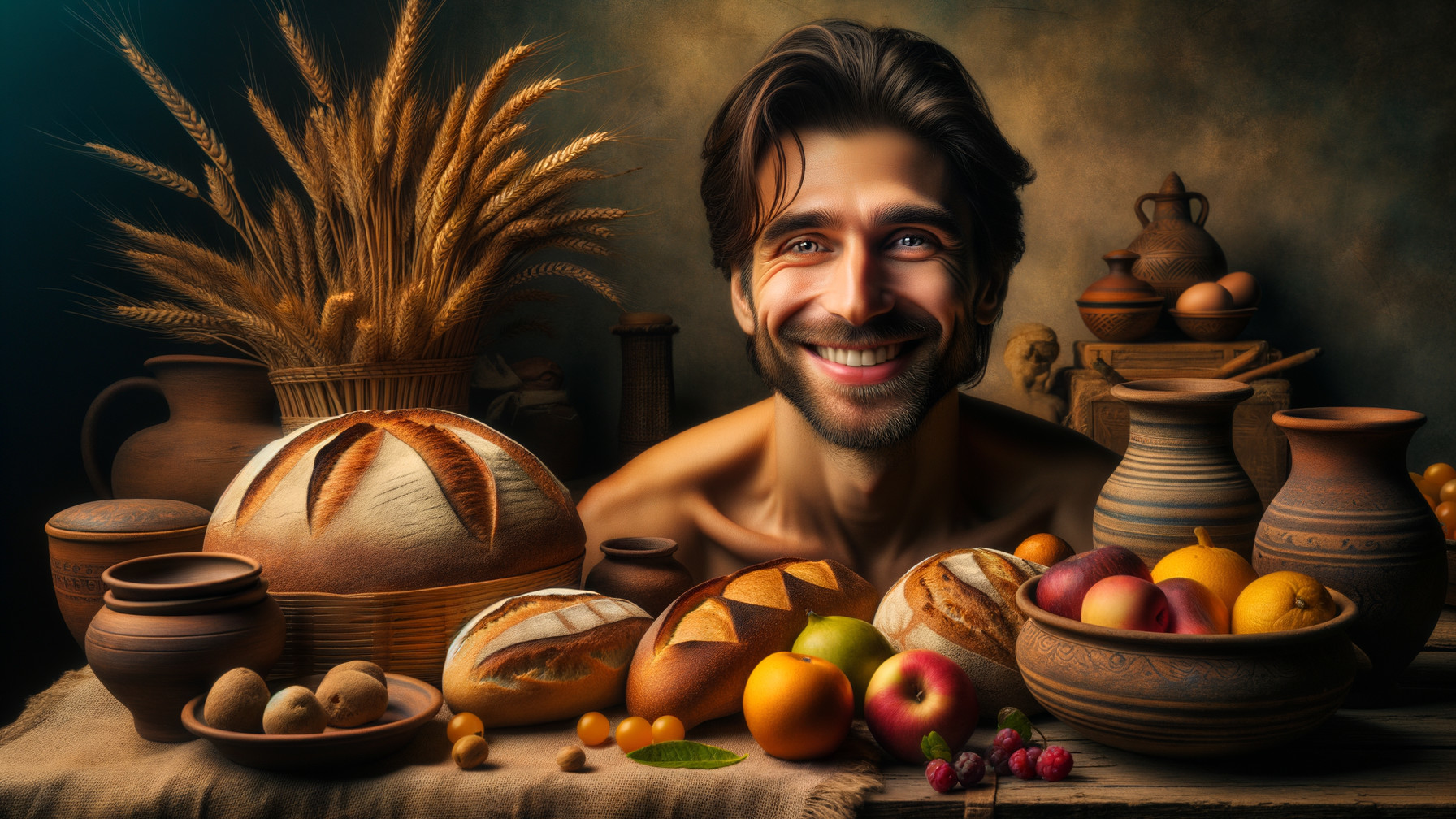 Smiling Man Surrounded by Fresh Fruits and Breads