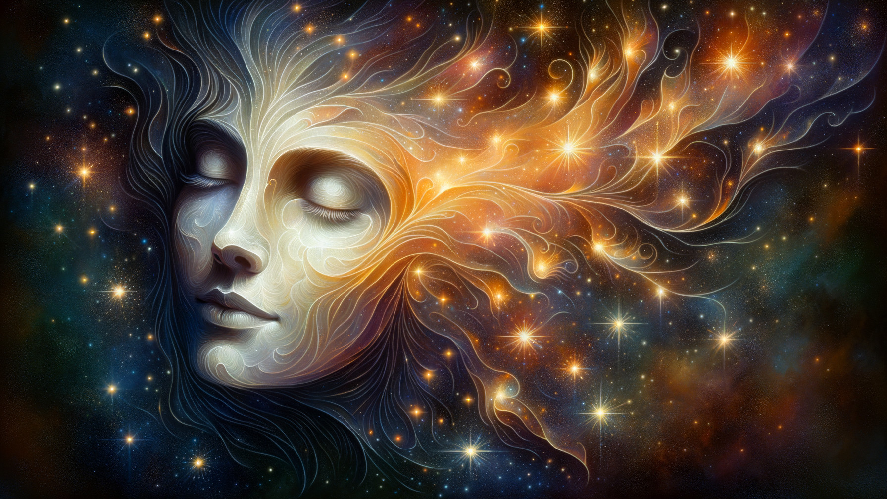 Ethereal Face Surrounded by Cosmic Swirls and Stars