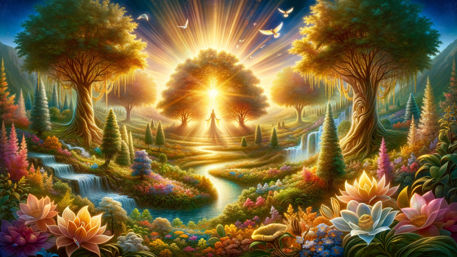 Enchanted Landscape with Waterfalls and Colorful Flora