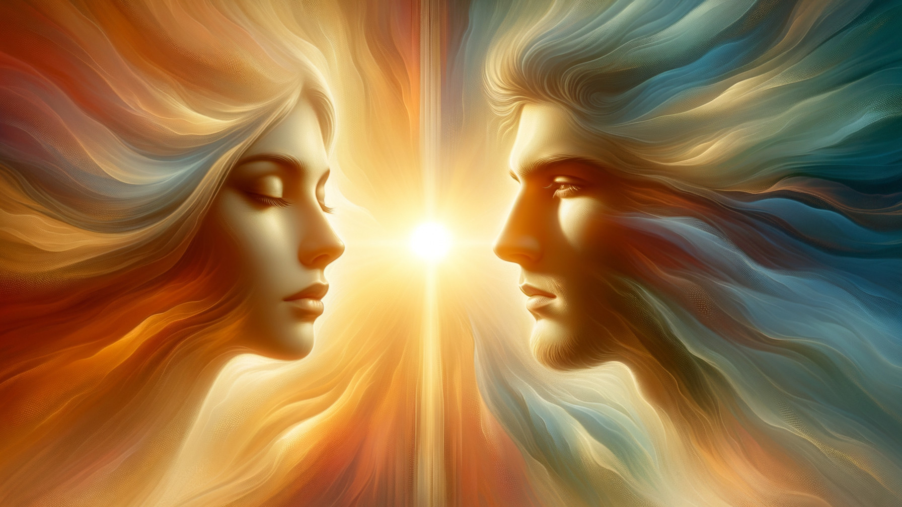 Ethereal Faces Merging with Colorful Flowing Hair