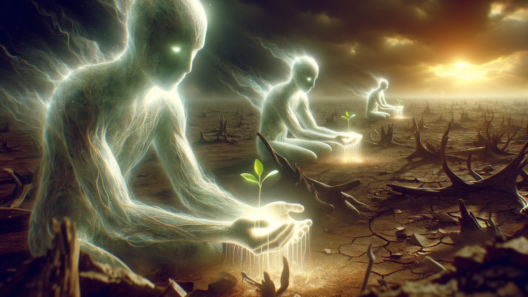 Ethereal Figures with Plants in a Barren Landscape