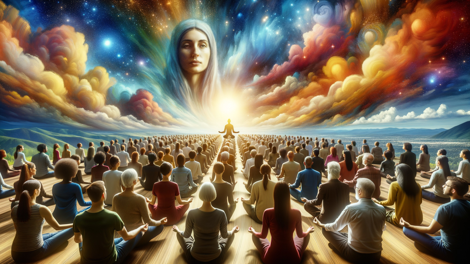 Diverse Group Meditating in Celestial Atmosphere