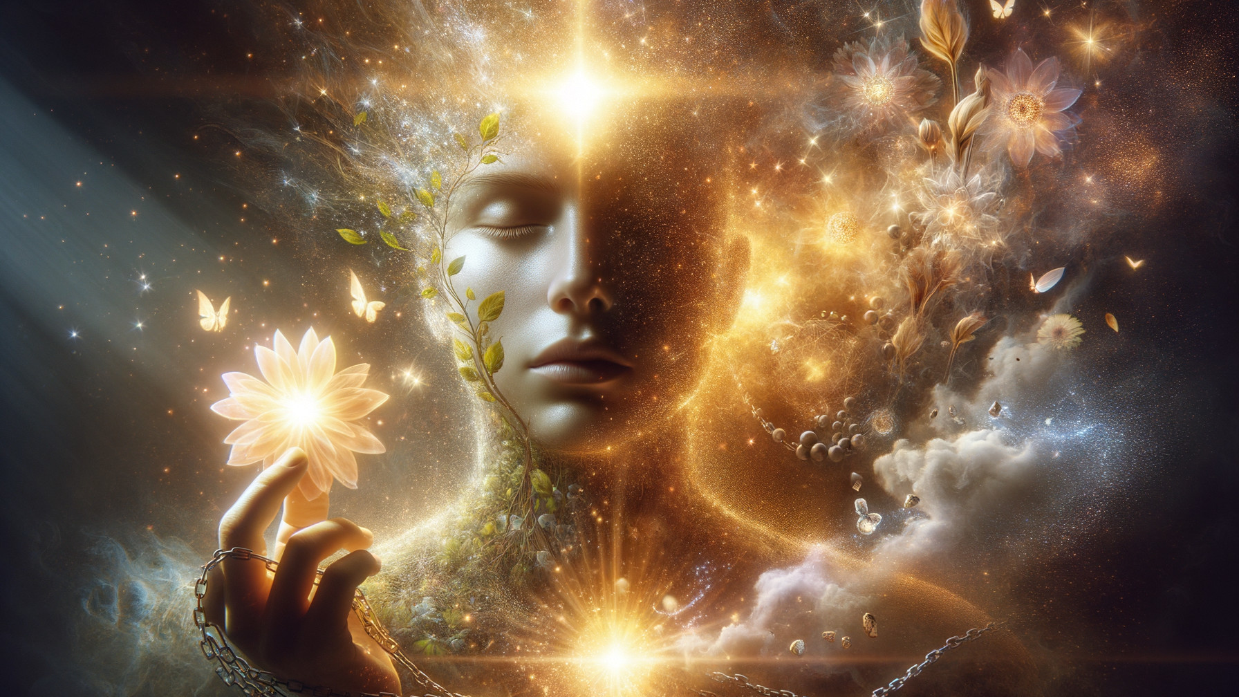 Surreal Figure with Cosmic Elements and Glowing Flower