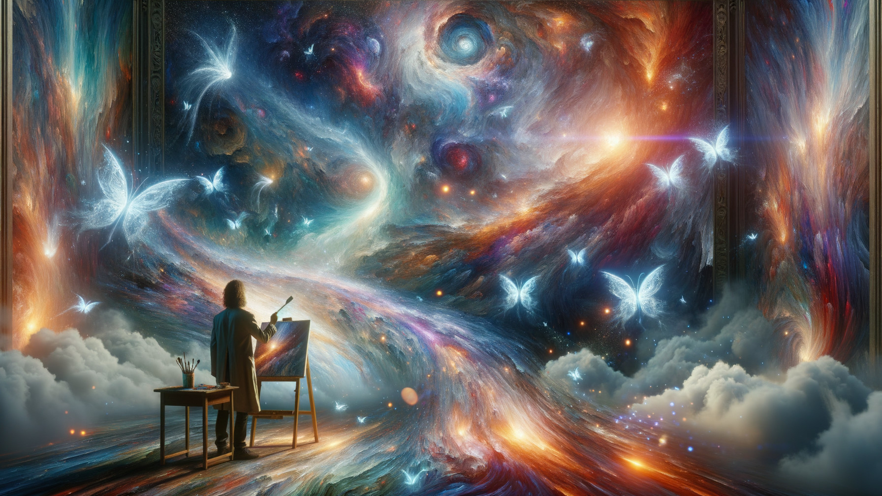 Serene Artist Creating Cosmic Scene with Butterflies