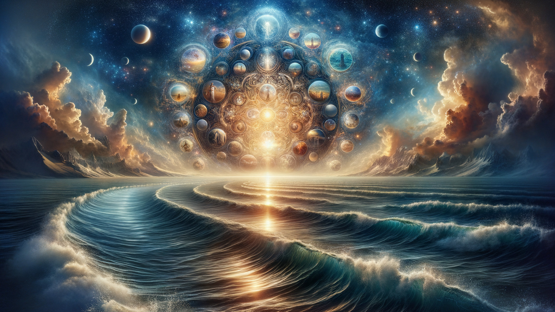 Cosmic Scene with Radiant Sun and Celestial Worlds