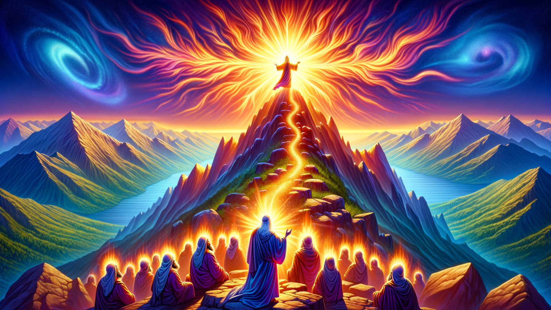 Radiant figure on mountain with vibrant galaxy sky