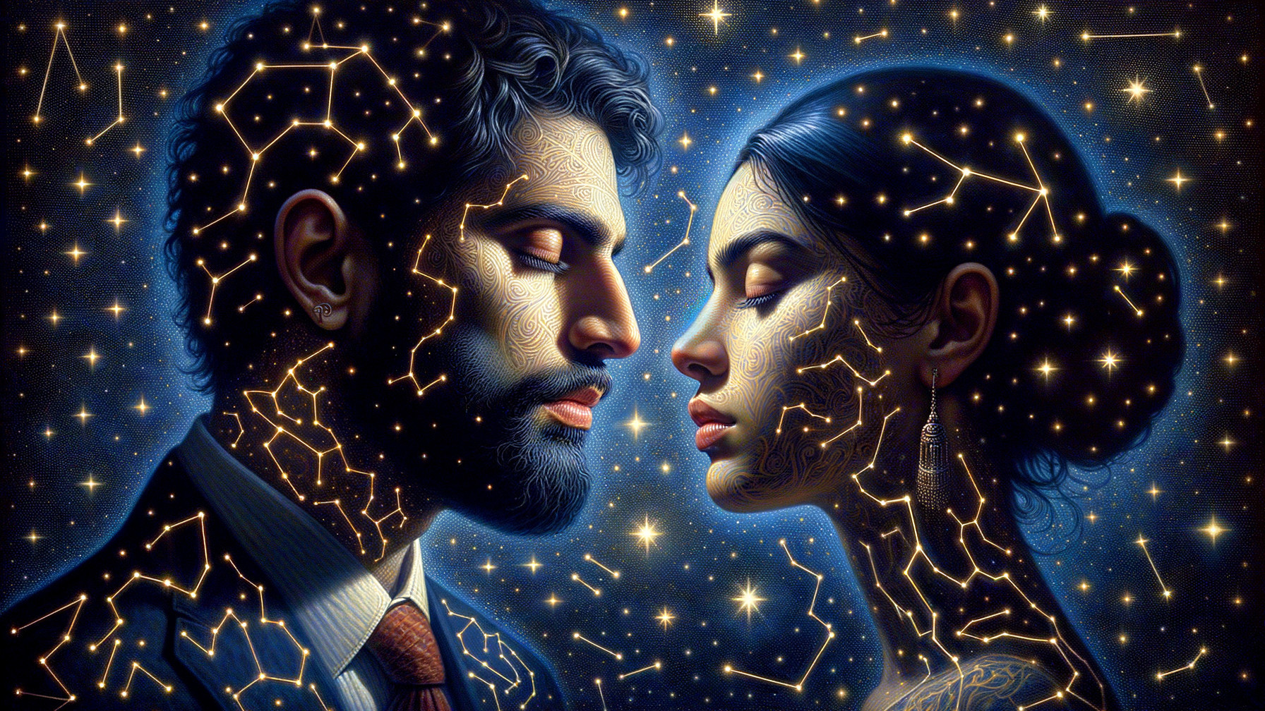 Couple Illuminated by Cosmic Constellations and Stars