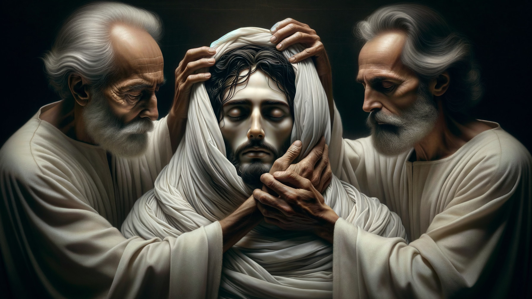 Elderly Men in White Robes with Serene Central Figure