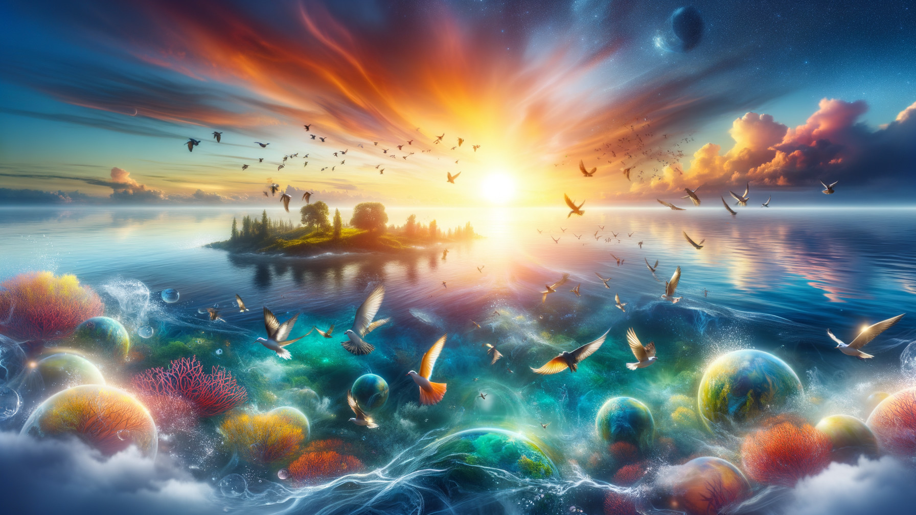 Surreal Sunset Landscape with Colorful Birds and Water