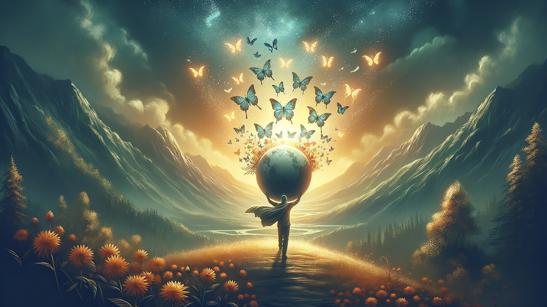 Figure with Globe in Scenic Mountain Landscape