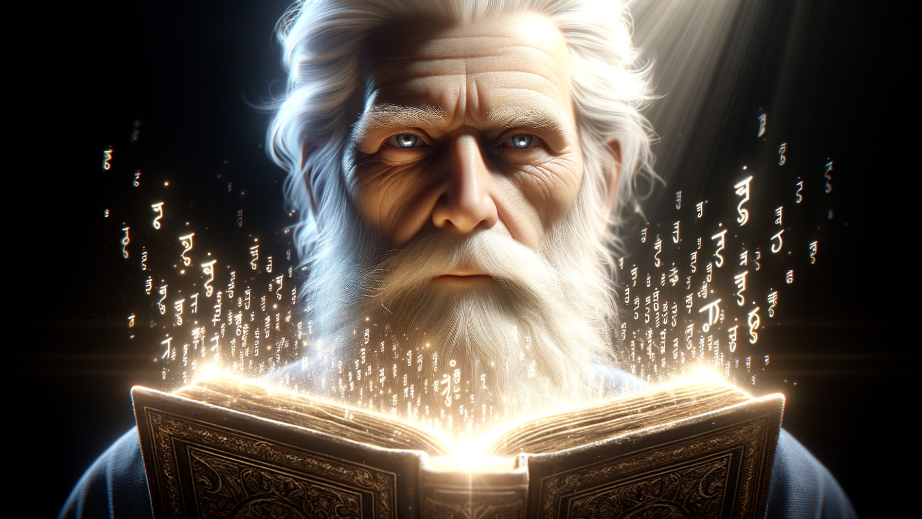 Elderly Figure Surrounded by Mystical Light and Text