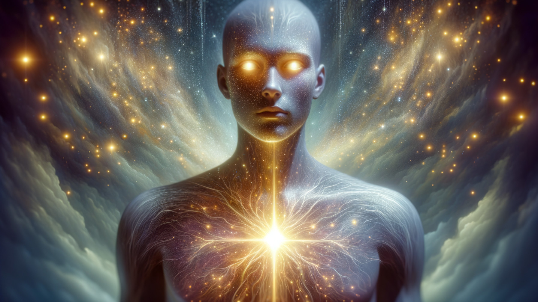 Surreal Figure in Cosmic Landscape with Enlightenment Themes