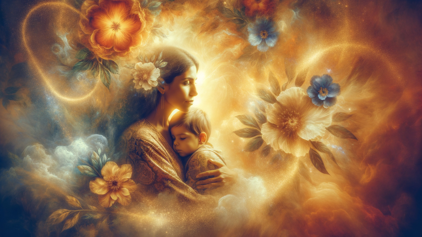 Mother and child in a serene, ethereal embrace
