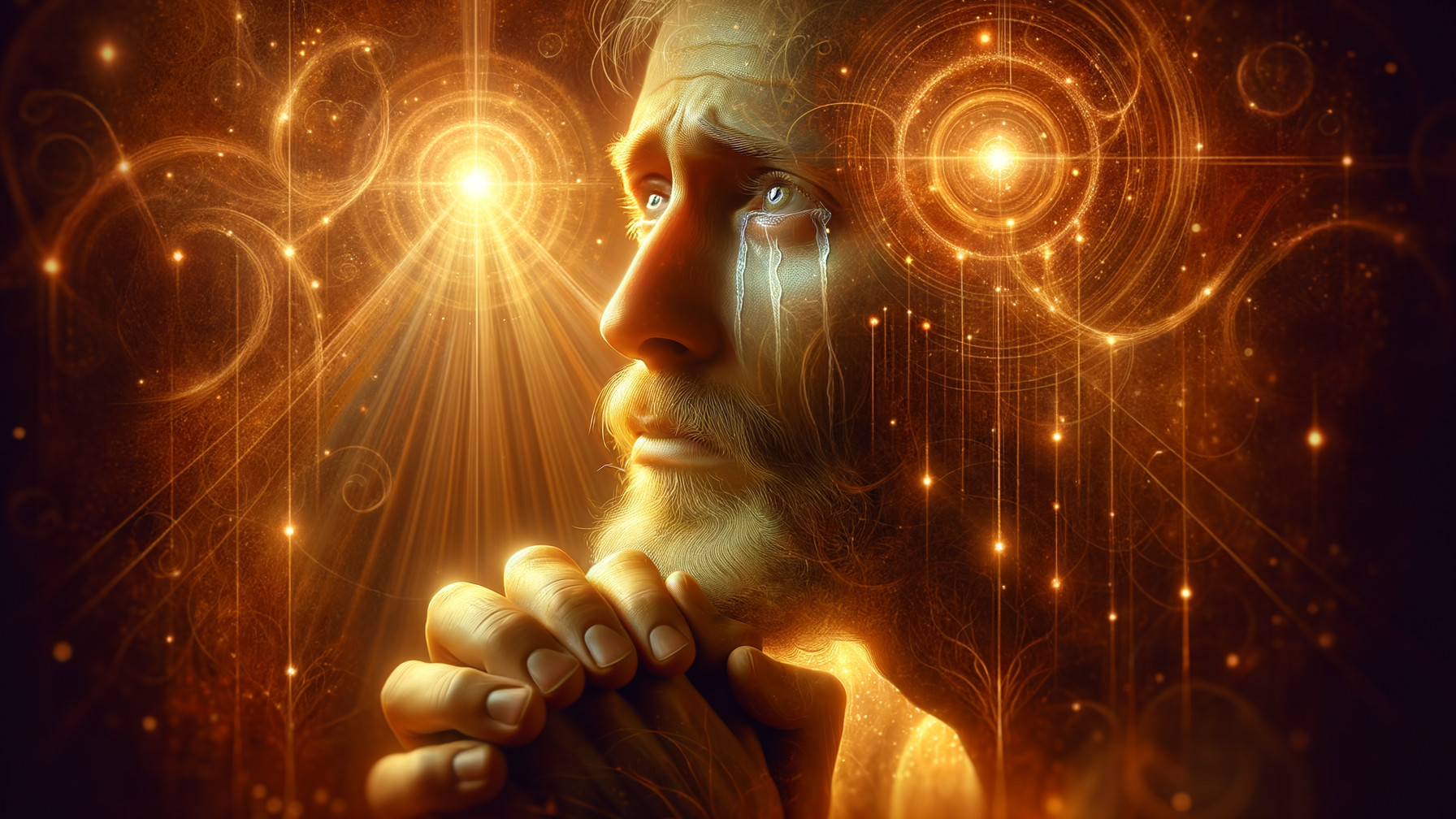 Man in Prayer Surrounded by Ethereal Lights and Patterns