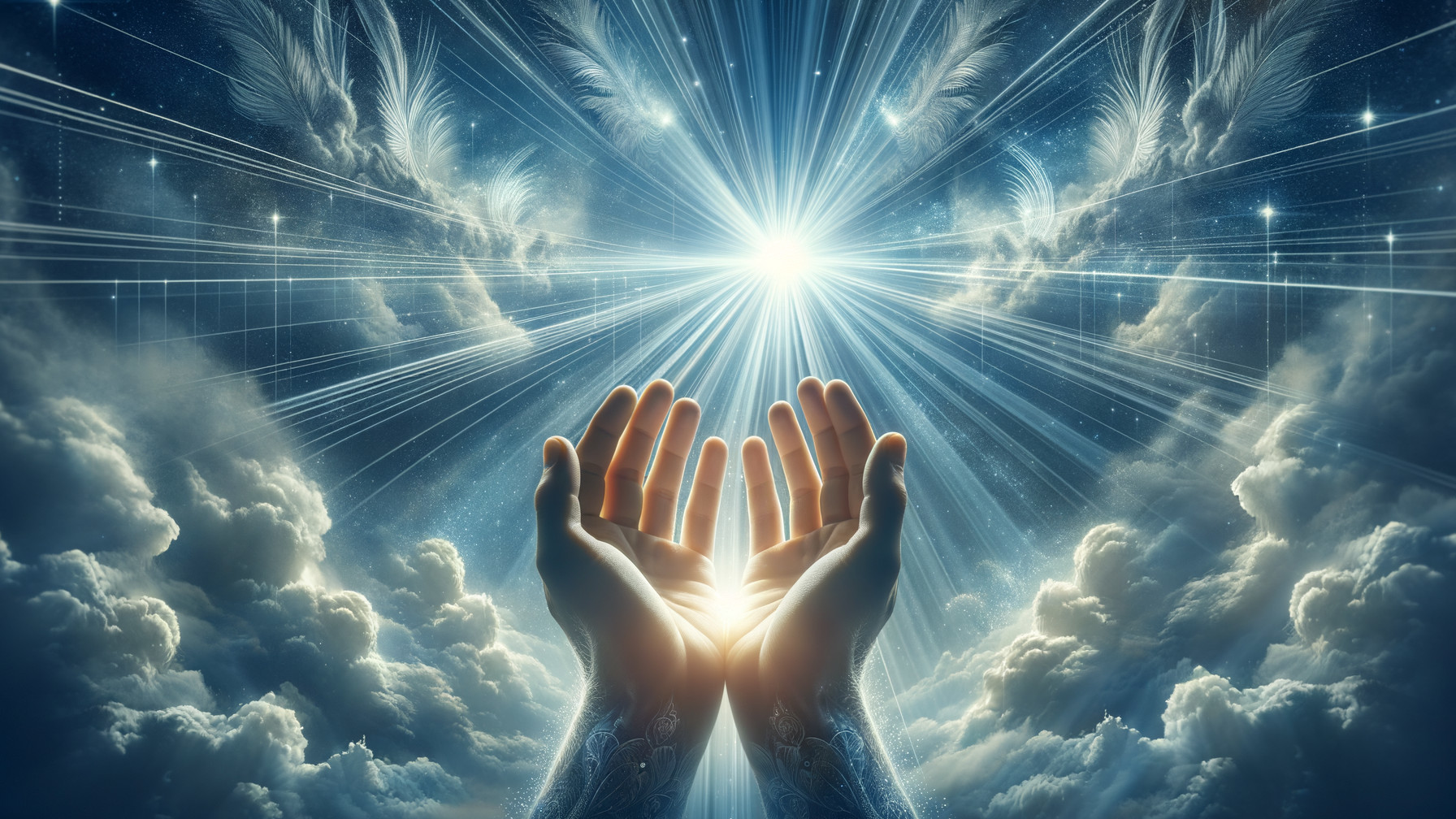 Hands Reaching Upward in a Celestial Scene