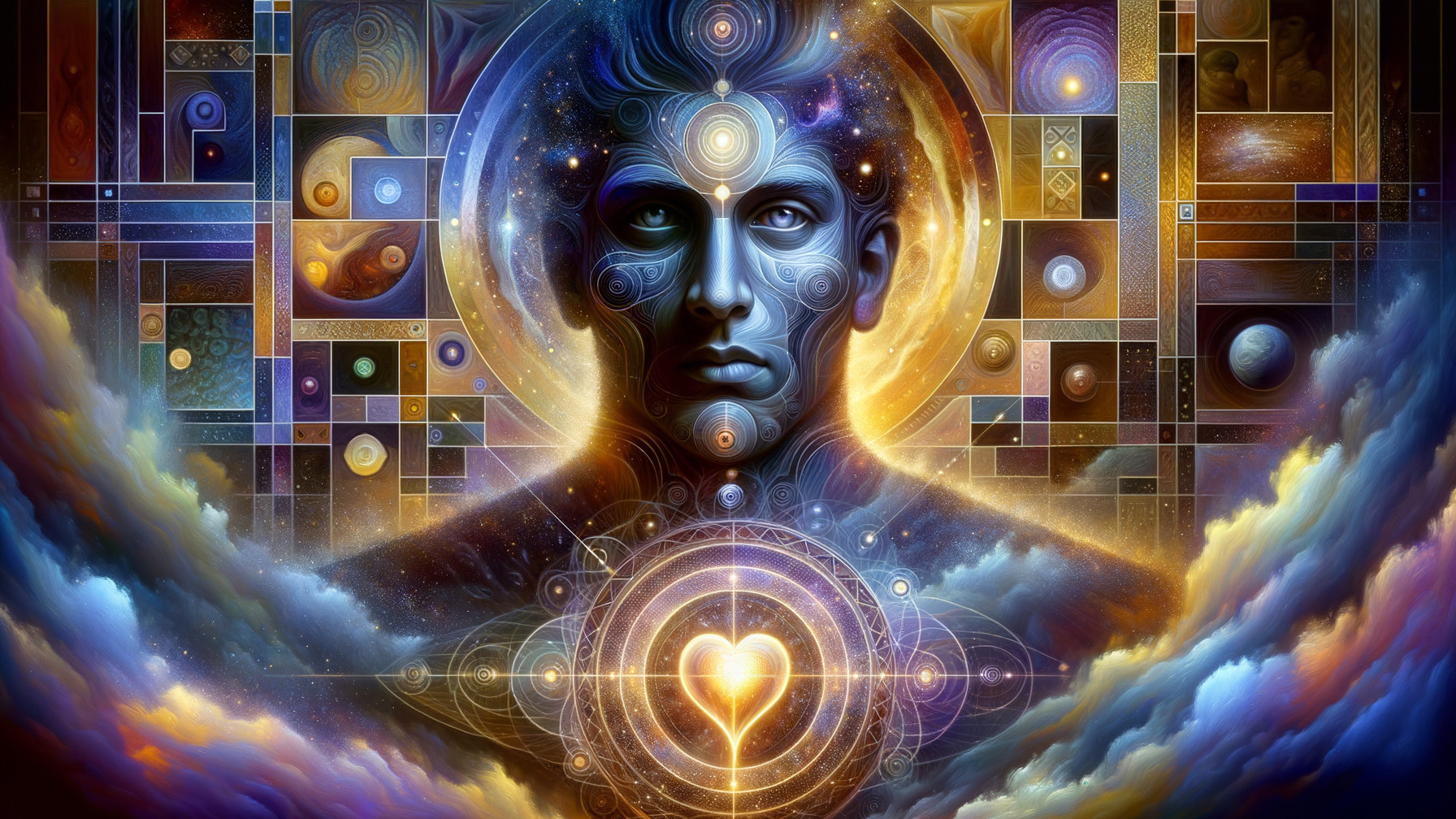 Cosmic Figure Surrounded by Celestial Elements and Light