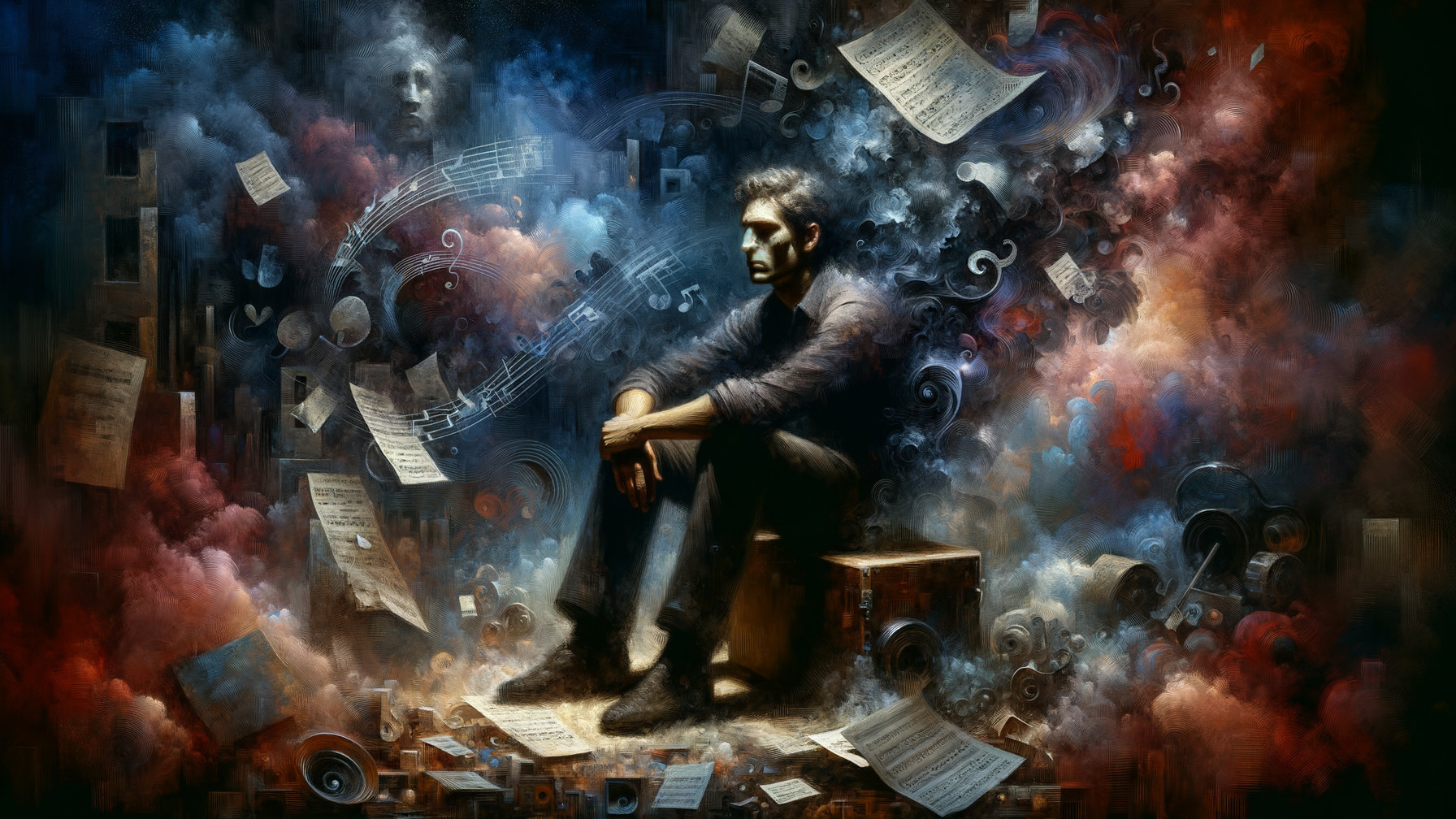 Solitary figure in colorful, dreamlike musical chaos