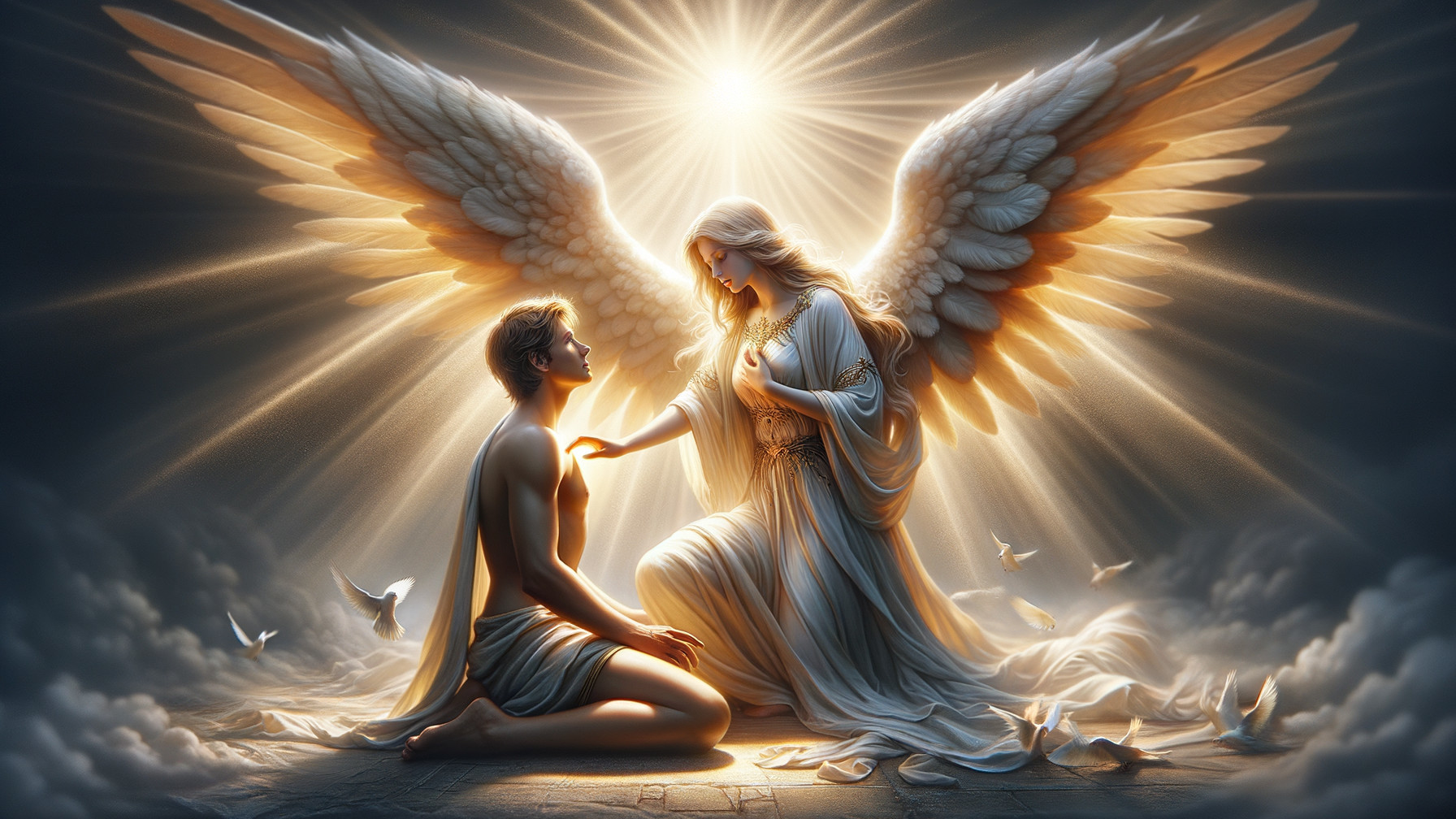 Luminous angel descends to kneeling figure in clouds