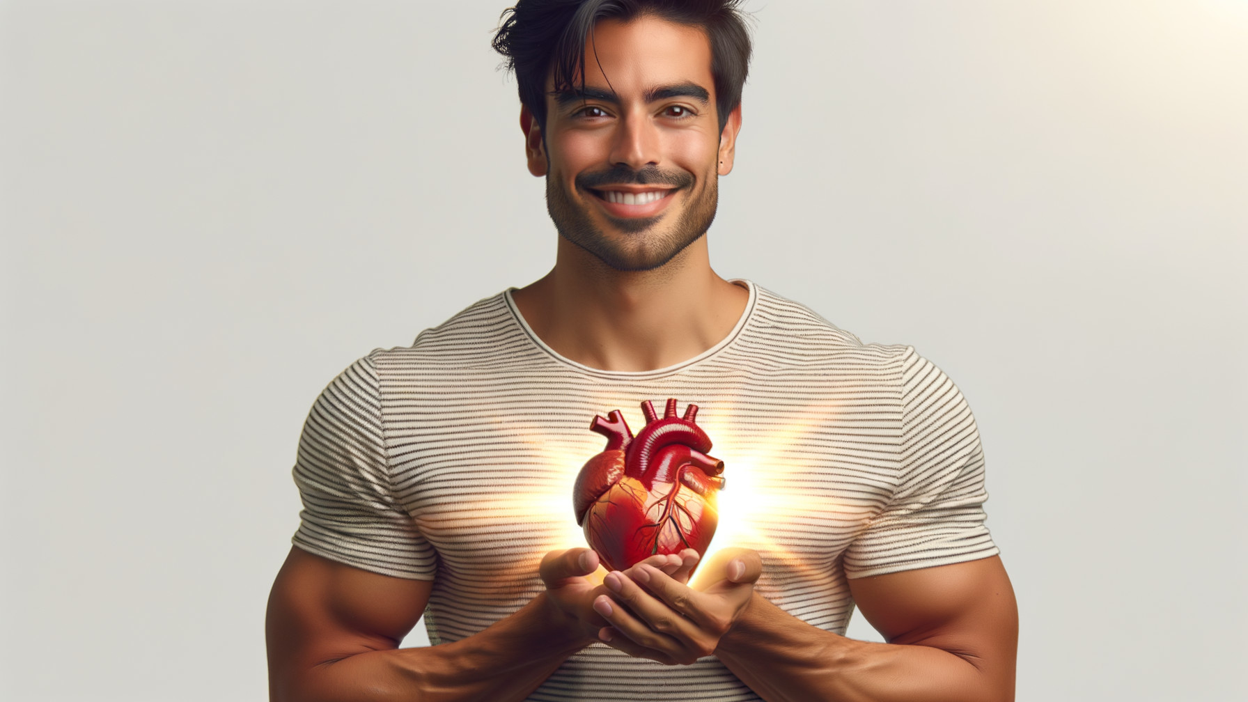 Muscular Man Holding Glowing Heart Against Gray Background