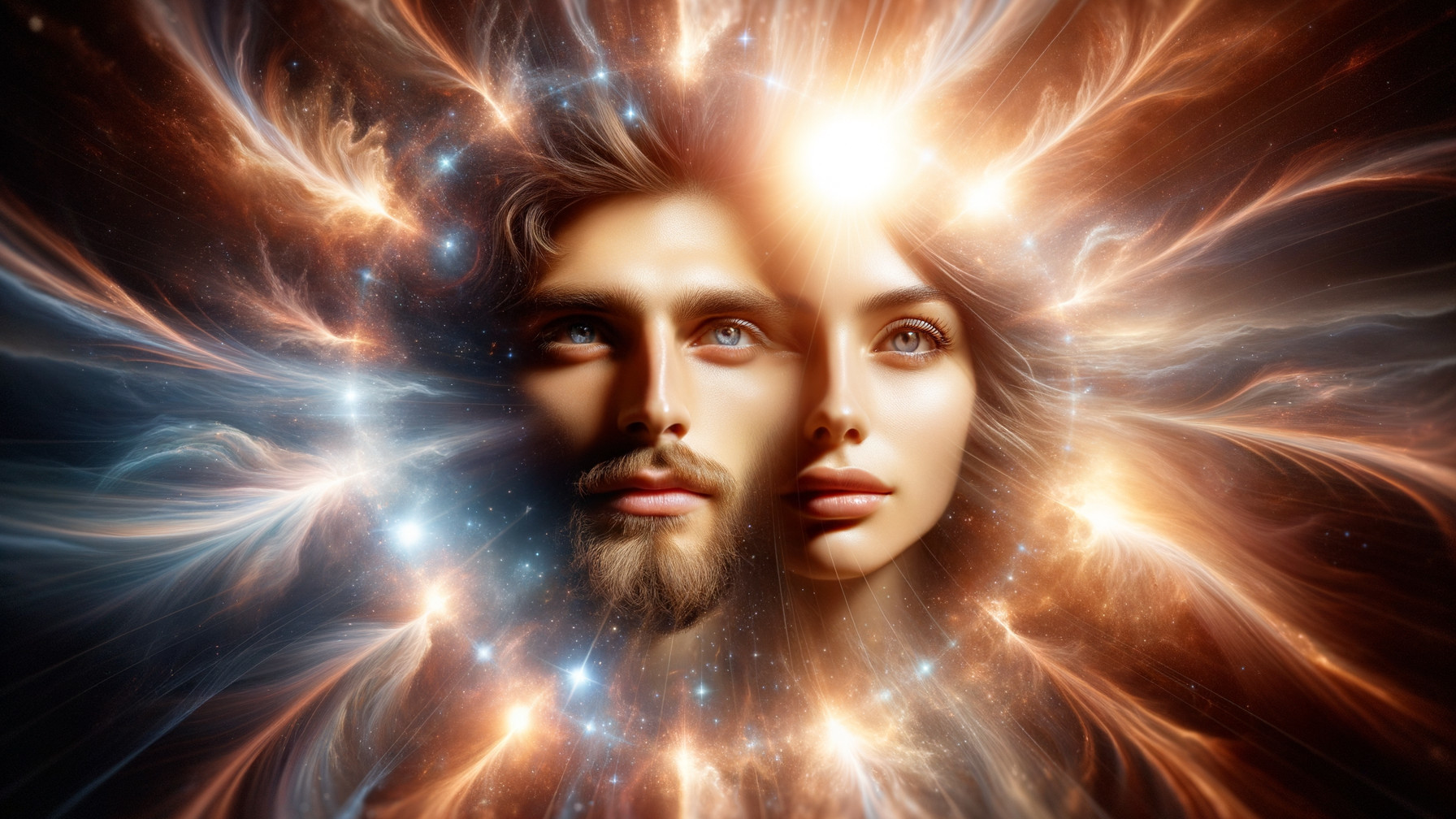 Ethereal Faces Against a Cosmic Backdrop with Stars