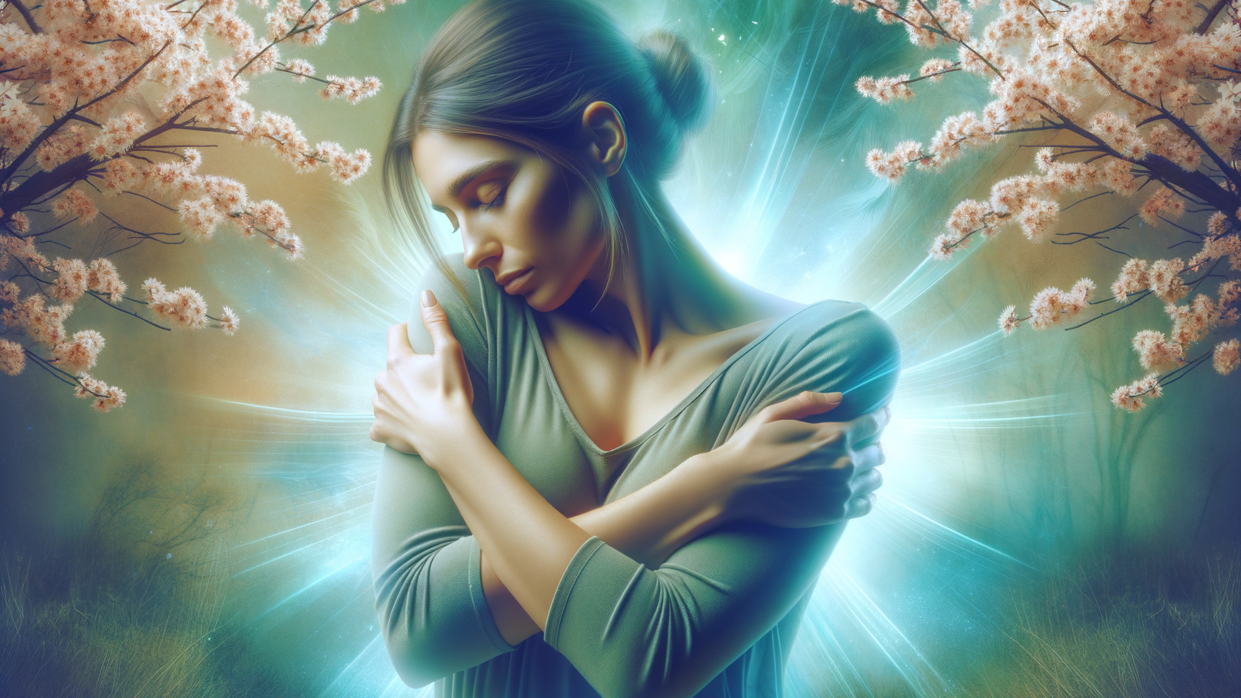 Serene Woman Embraced by Cherry Blossoms and Light