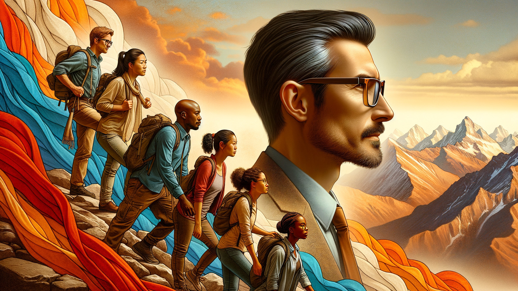 Diverse Individuals Climbing Rocky Path with Waves