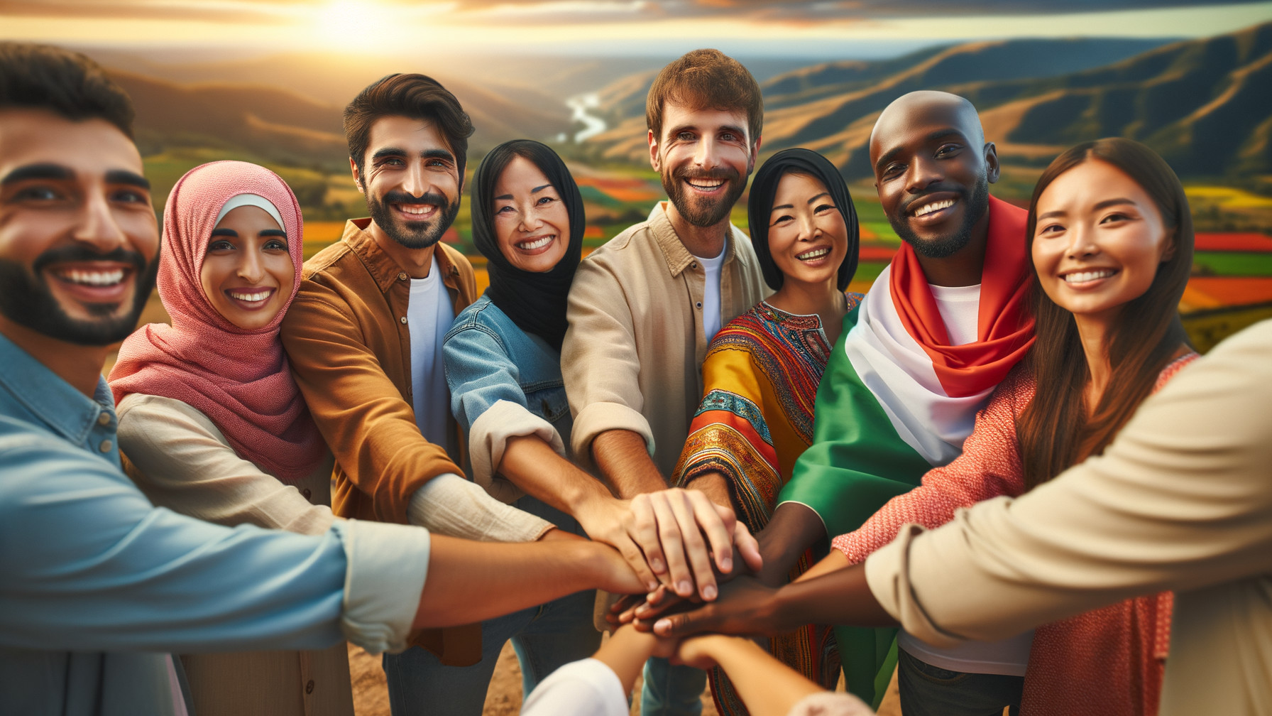 Diverse Group in Colorful Attire Against Sunset Hills