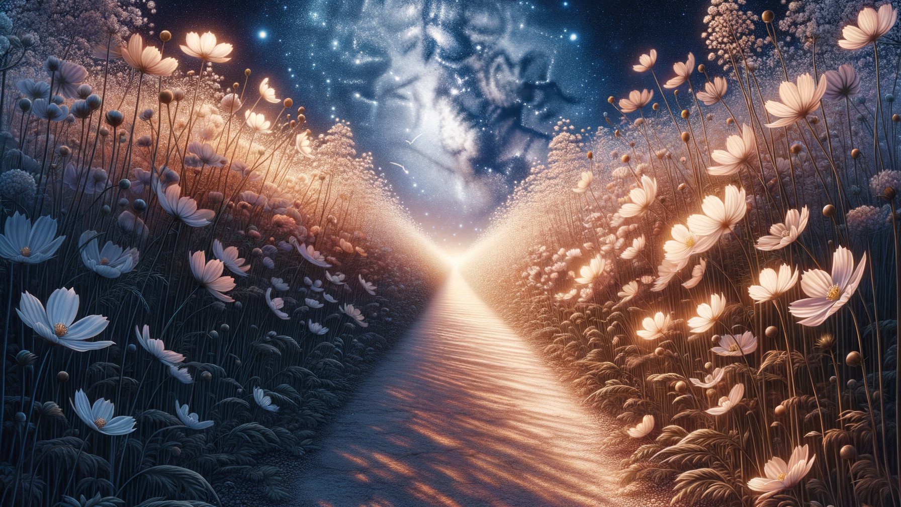 Serene Pathway Through Luminescent Flower Field