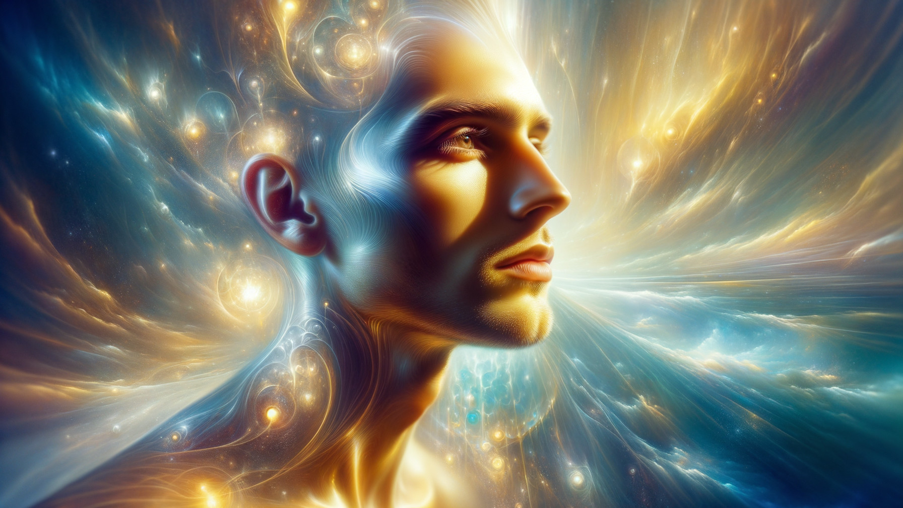 Contemplative Figure Amidst Cosmic Vibrancy and Light