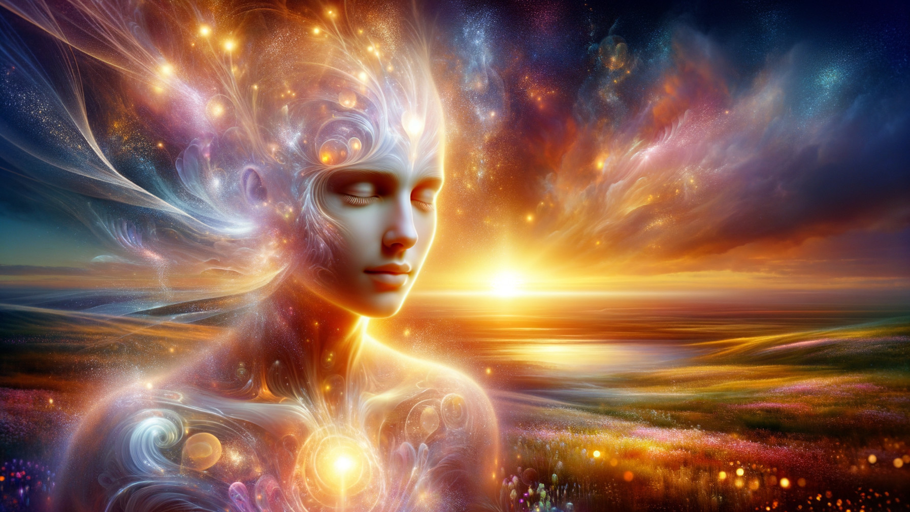 Serene Figure Against Vibrant Sunset with Cosmic Patterns