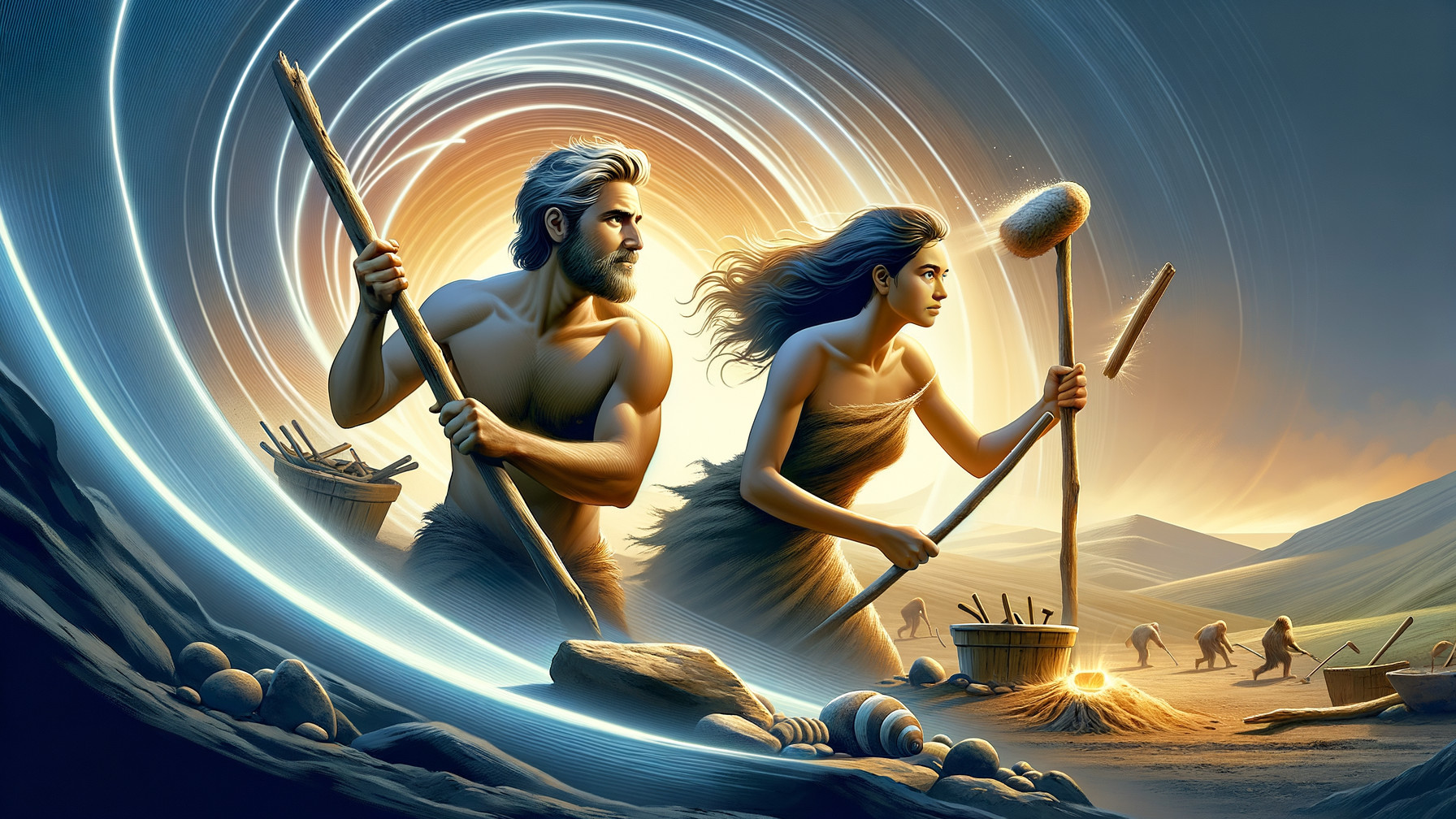 Ancient Warriors in Dynamic Prehistoric Scene