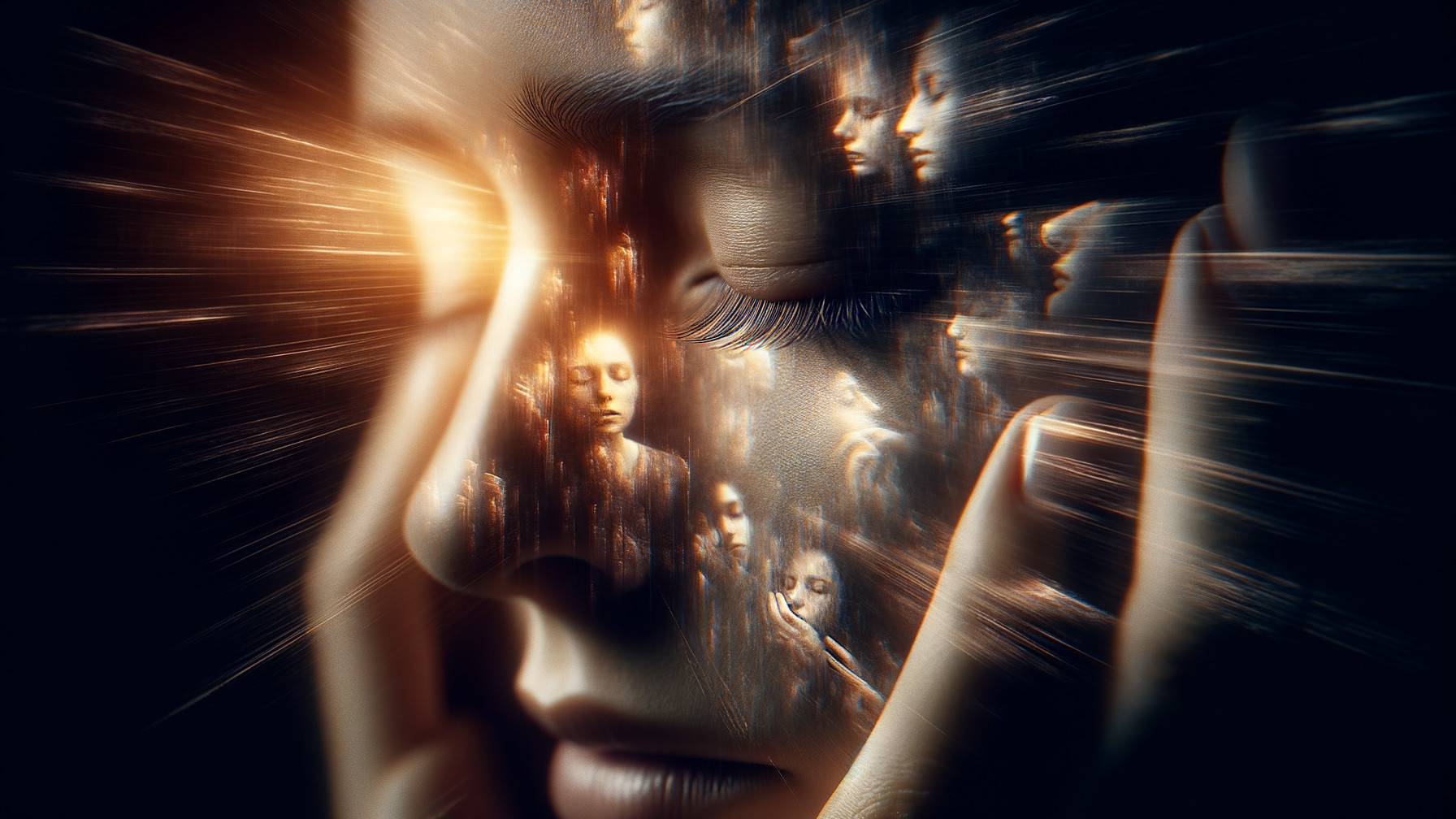 Close-up of a woman's contemplative face with reflections