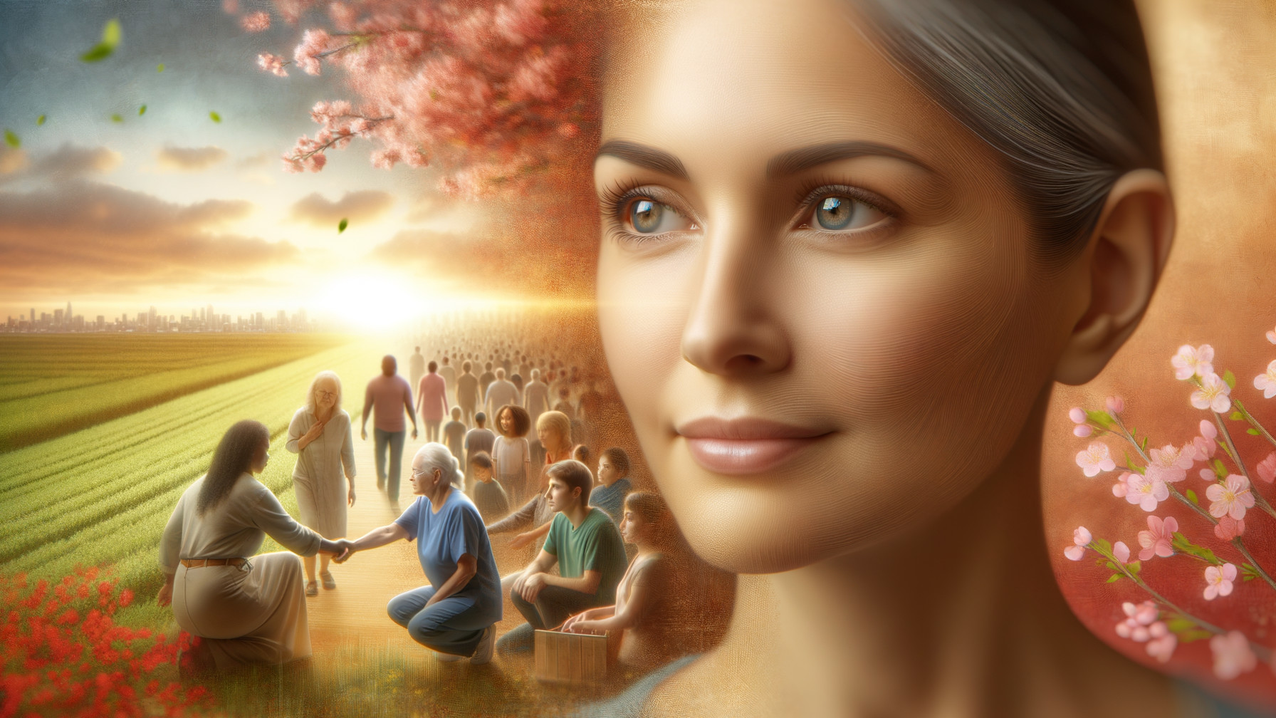 Serene Woman with Blue Eyes in Vibrant Landscape