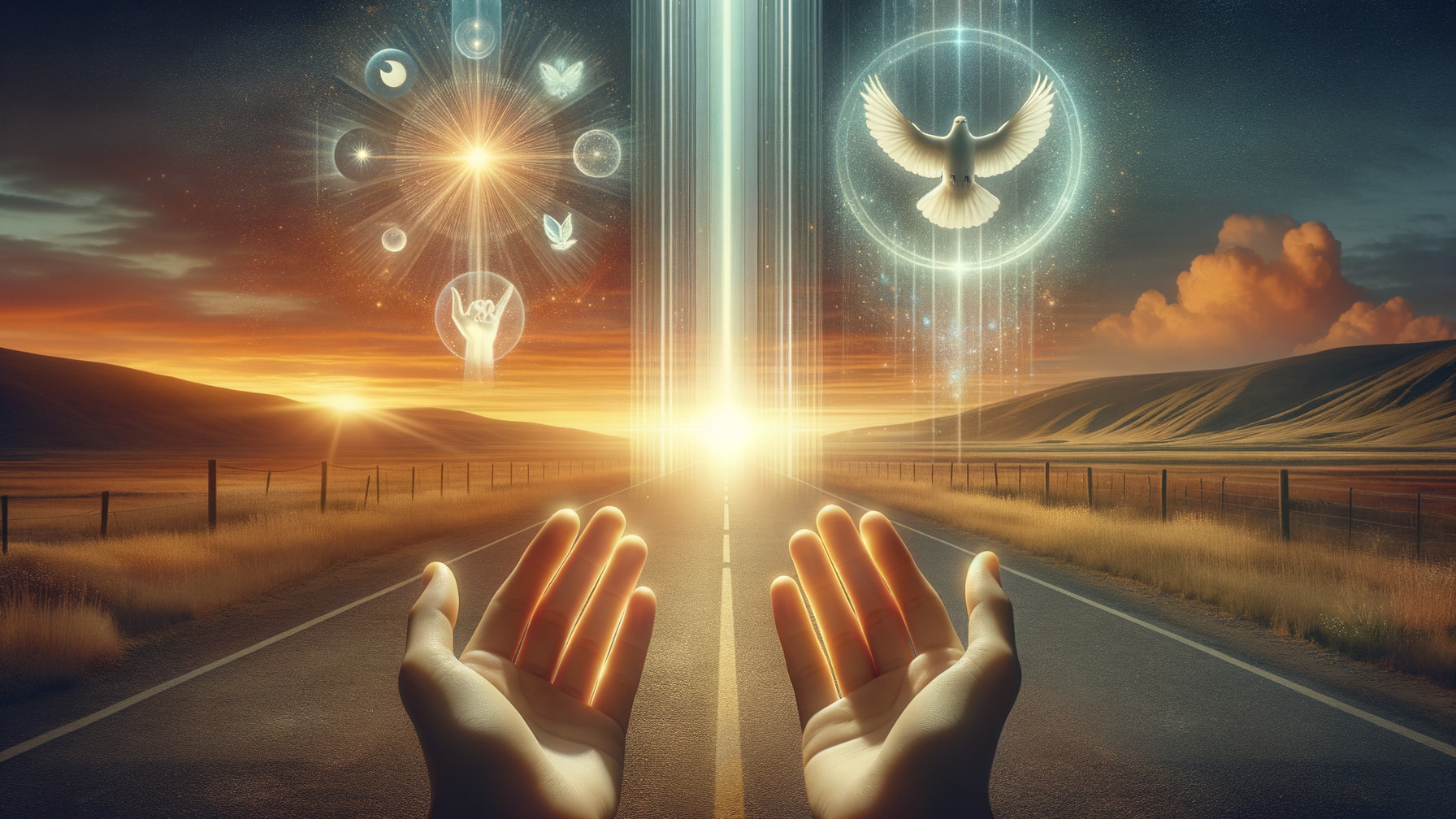 Glowing Hands Over Sunset Asphalt Road Landscape