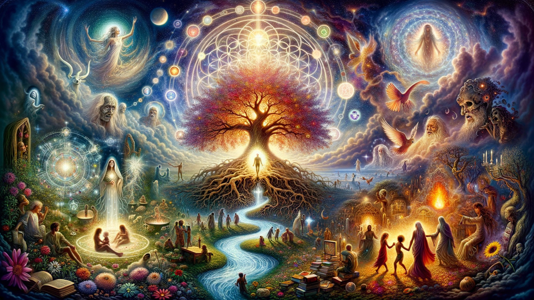 Colorful Landscape with Nature and Spiritual Elements