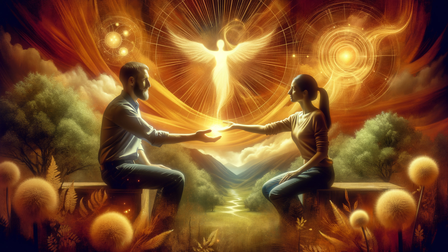 Mystical Landscape with Figures and Glowing Orb