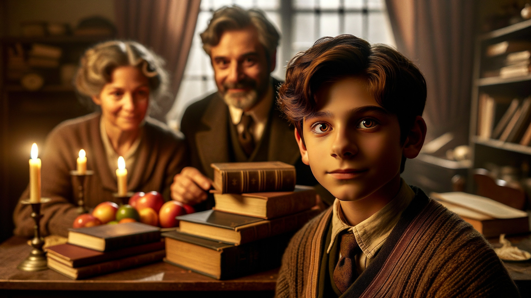 Young boy at table with family in cozy room