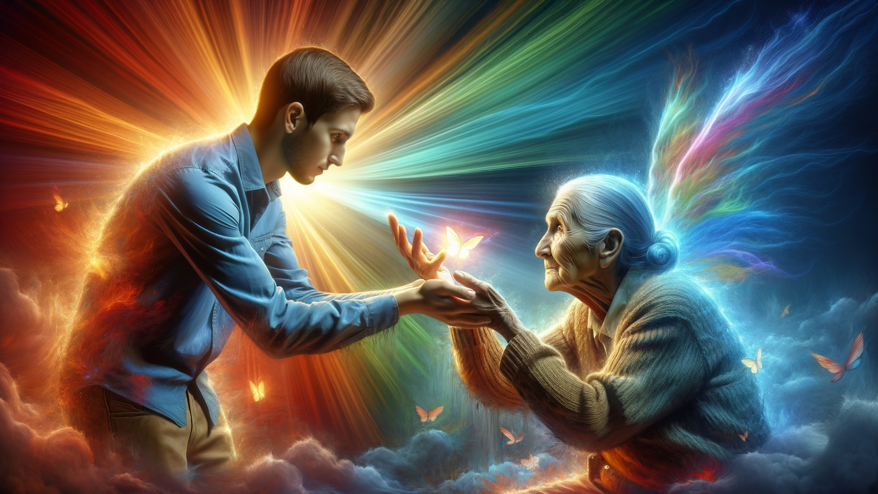 Vibrant Scene of Connection Between Young Man and Elderly Woman