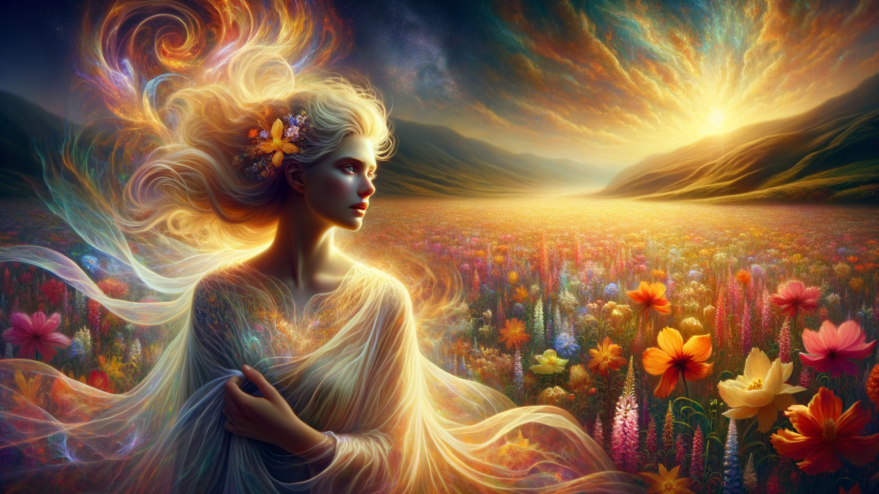 Mystical Figure in Vibrant Wildflower Landscape