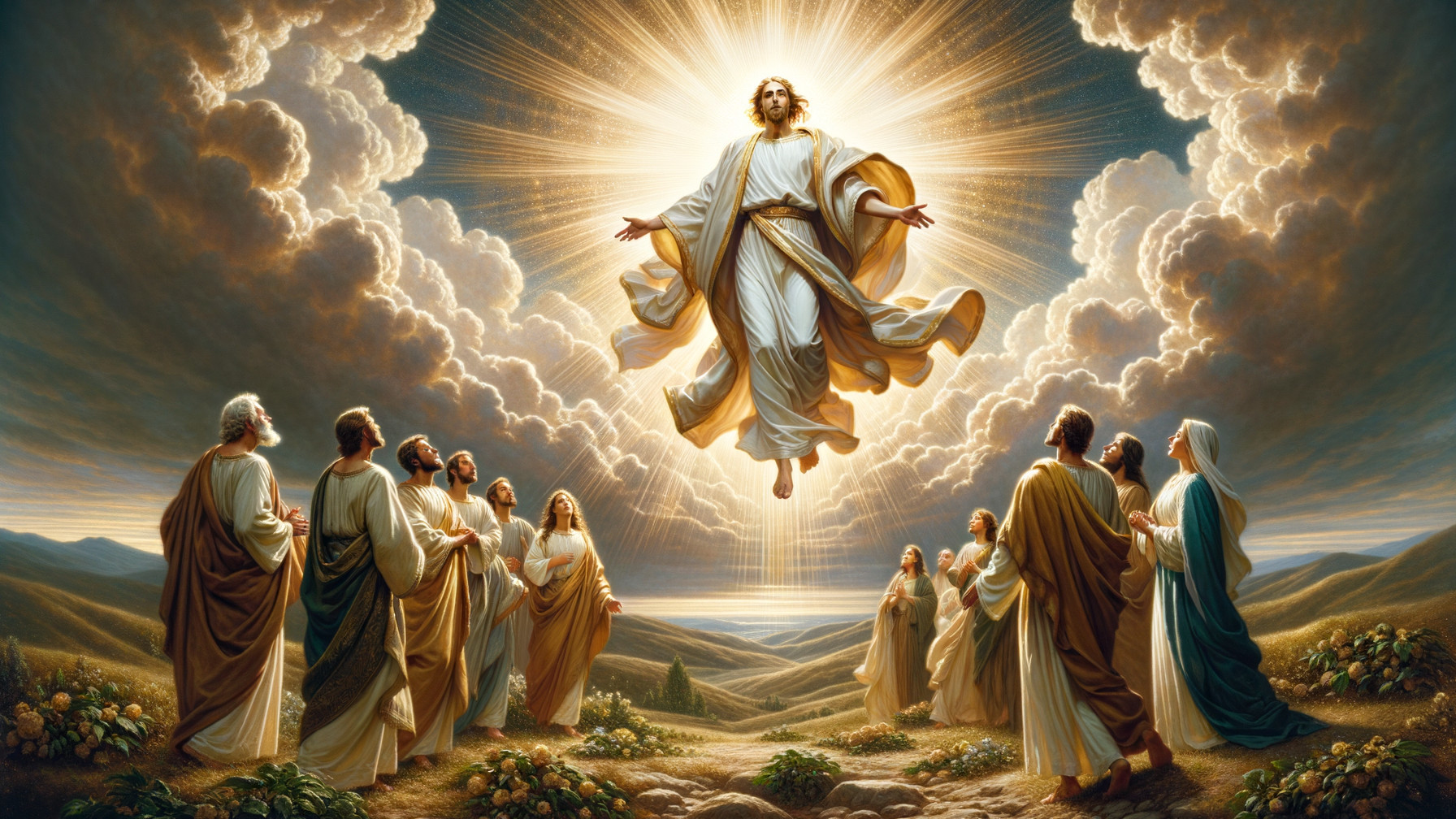 Ascension of a figure in robes surrounded by clouds