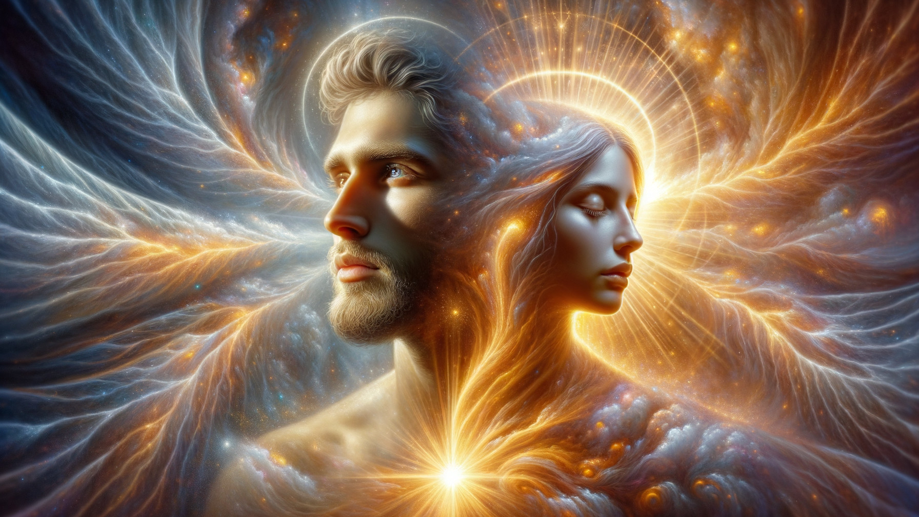 Surreal Cosmic Scene with Intertwined Profiles and Energy